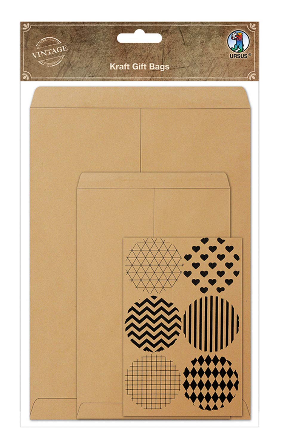 Ursus 40780001 Kraft Gift Bags Blank Kraft Paper Pack of 6 in 2 Sizes with Sticker Sheet, Brown, One Size