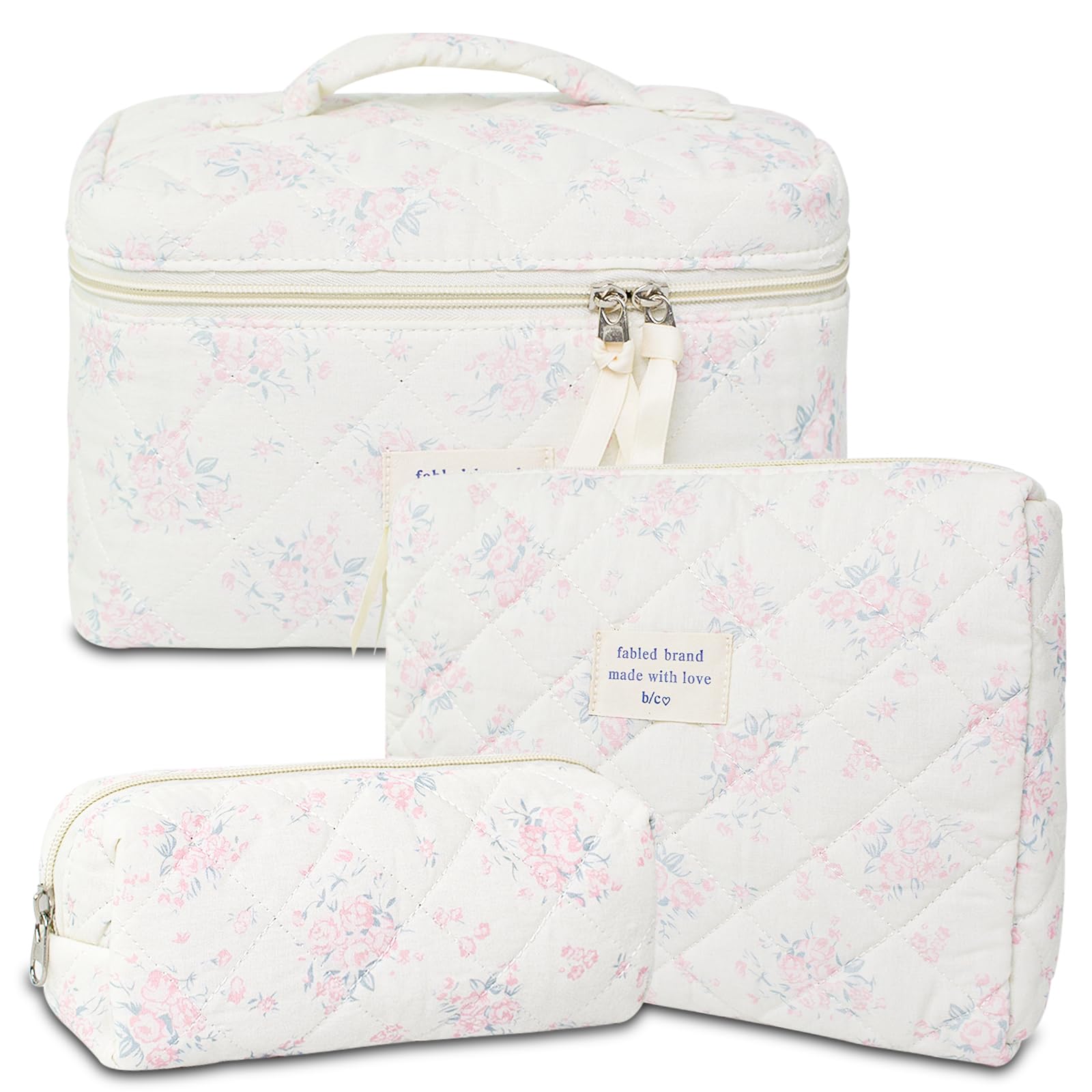 Photo 1 of *Missing part/one zipper* GISMTR 3Pcs Cotton Quilted Makeup Bag Large Travel Cosmetic Bag Coquette Makeup Pouch Cute Aesthetic Floral Toiletry Bag for Women Girls (flower-S)
