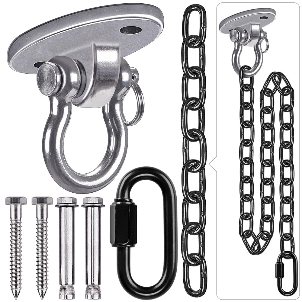 BeneLabel Wood/Concrete Celing Hanger 180° Swivel Hammock Swing Hanging Screw Bolt Hardware Metal Oval Bracket 1M Black Chain Carabiner for Outdoor Playground Chair Yoga Rope Punching Bags, 1000lbs — image 1