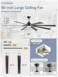 ZMISHIBO 80 inch Large Ceiling Fans with Lights and