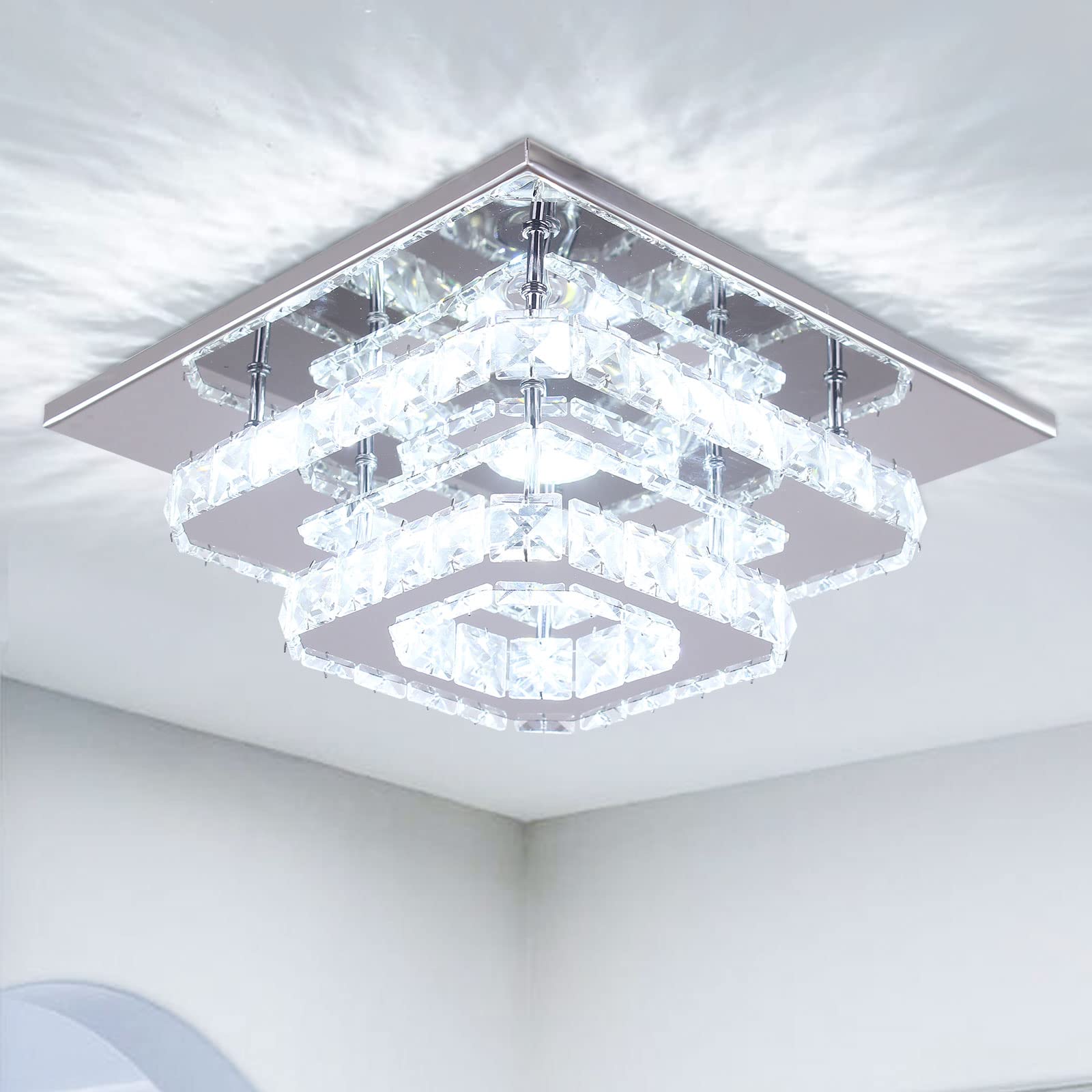 Photo 1 of Cainjiazh Mini Chandelier LED Crystal Ceiling Light 2 Layers Flush Mount Ceiling Light Modern Chandelier Lighting for Hallway Staircase Kitchen Bathroom (Cool White)