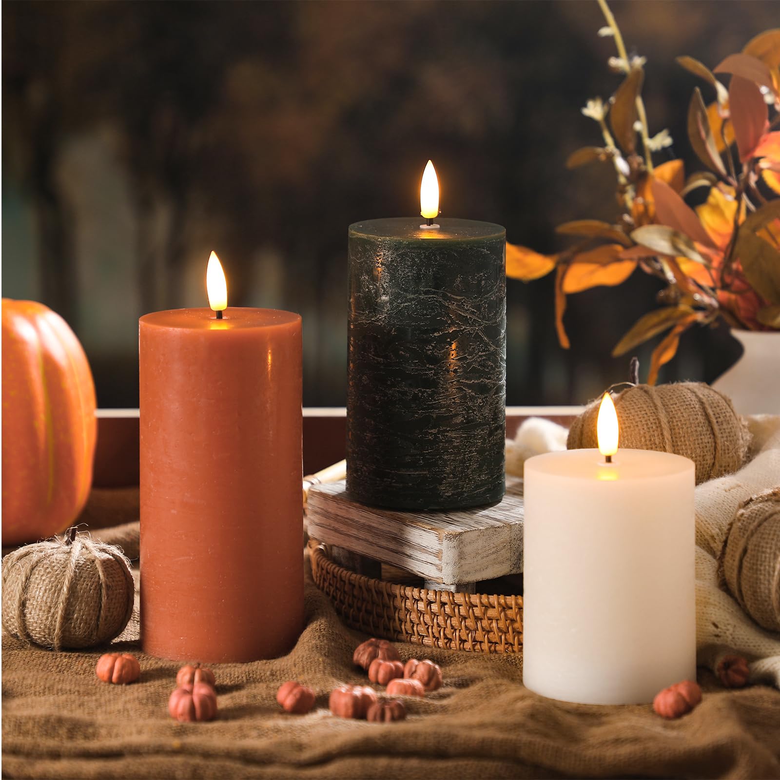 Photo 1 of Hiboom 3 Pcs Fall Flameless Candles Fall Decorations for Home Neutral White and Orange Halloween LED Pillar Candles Real Wax Multicolor Fake Battery Operated, H 3.94" 4.92" 5.91" x D 2.95"