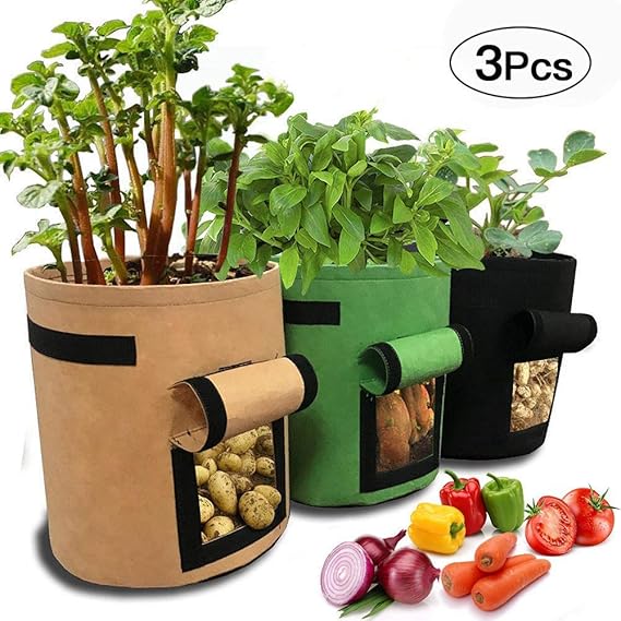 PETEMOO Kartoffel pflanzbeutel, Pflanztasche, 3 Stück Pflanze Wachsende Tasche, 7 Gallons Grow Bag Garten Übertopf Vliesstoff
