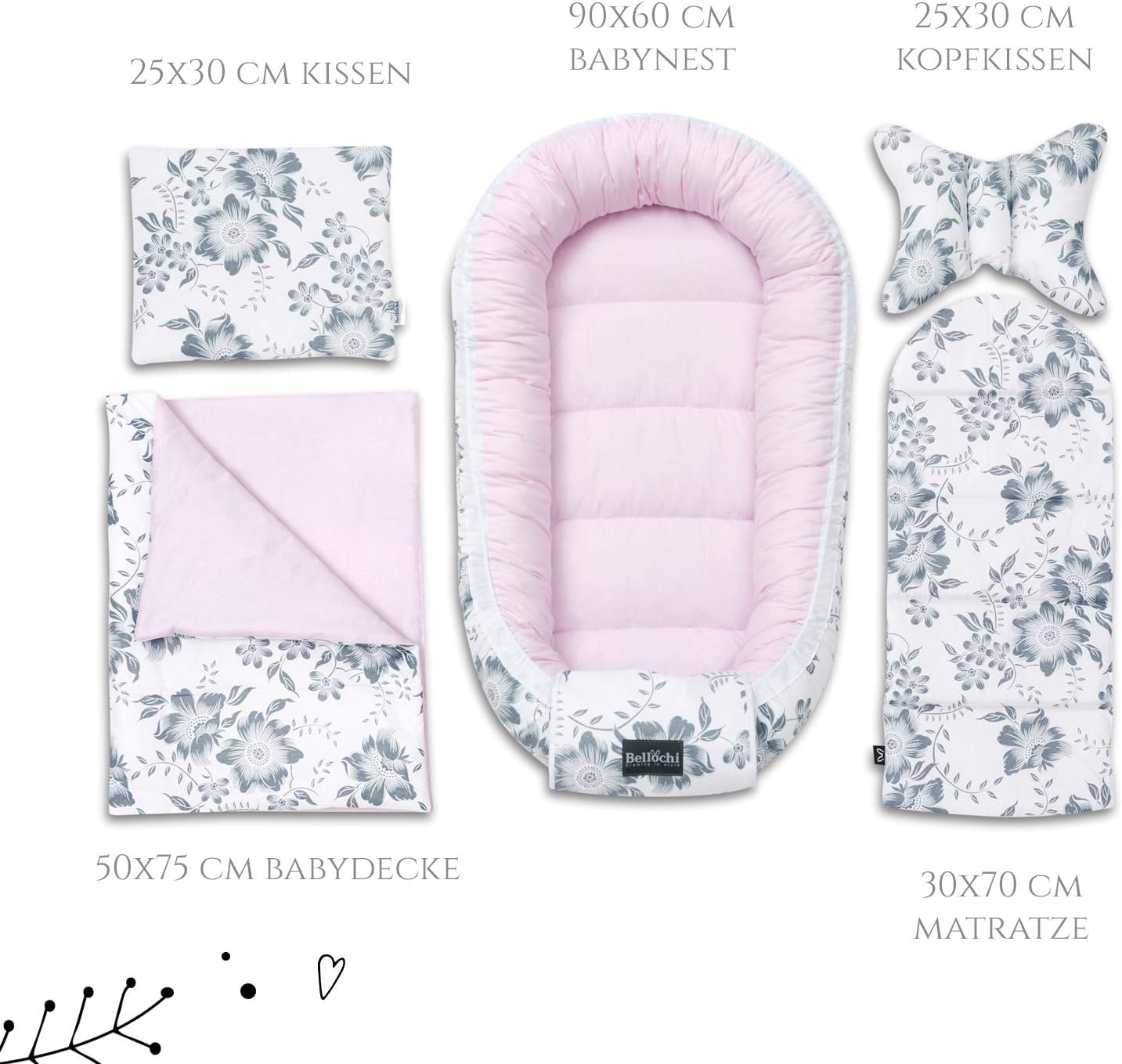 Cale Bebes Reducteur De Lit Bebe 90x60 Cm En 100 Coton Cale Tete Bebe Certifie Oko Tex Un Oreiller Plat 2 Cm Avec Housses Une Couverture De Bebe Magnolia Bellochi Kit Nids Bebe 5