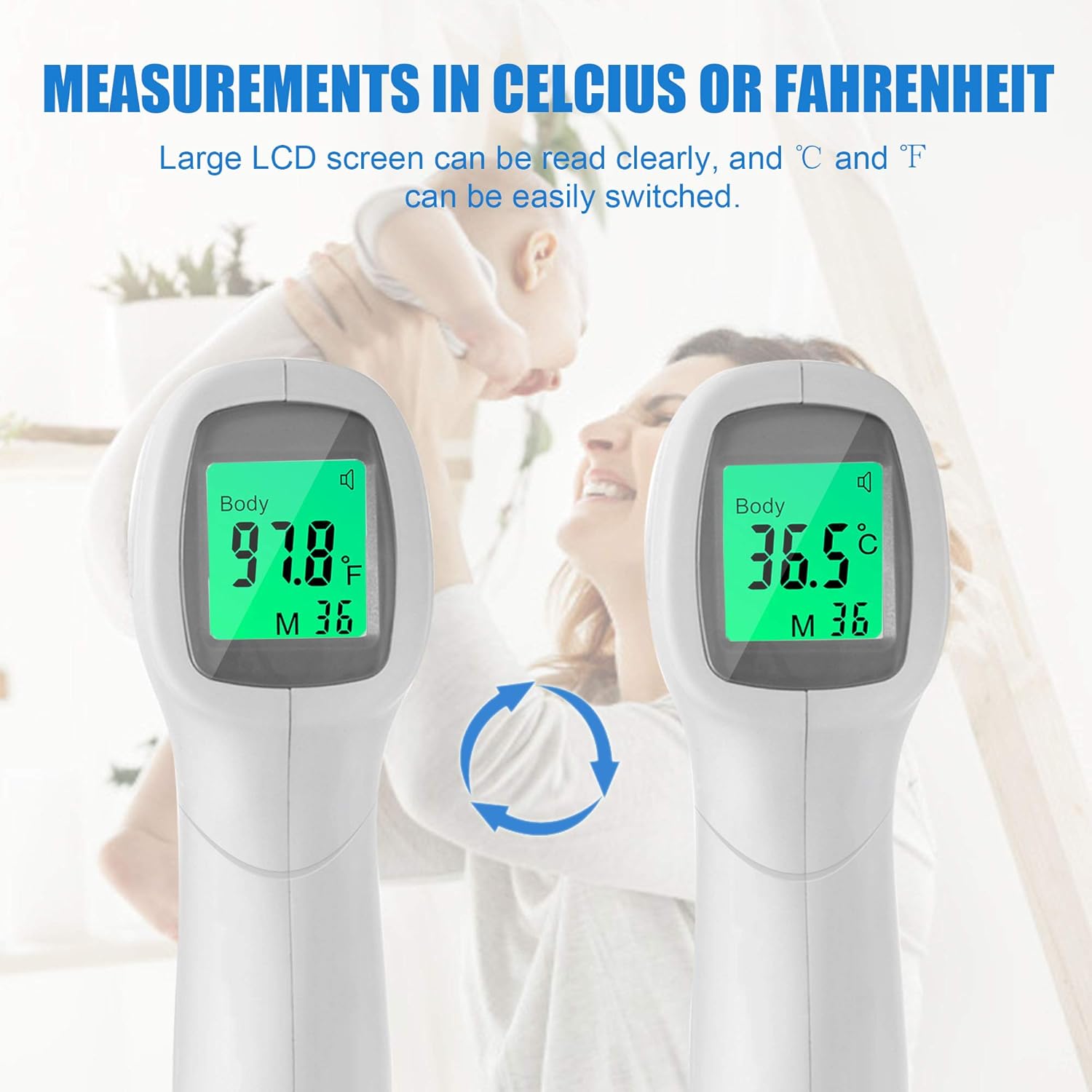 No Contact Infrared Forehead Thermometer, Temperature Gun with LCD Display Fever Alarm, Digital Touchless Thermometers 2 in 1 Dual Mode, No Touch Infrared Forehead Thermometer for Adults and Kids : Baby