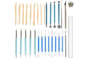 DIYOOHOMY 31pcs Polymer Clay Sculpting Tools Set, Air Dry Modeling Clay Roller Dotting Tool Kit Fondant Metal Cutters Silicone Embossing Pen Balls Stylus Rollin