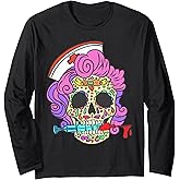 Nurse Gifts For Nursing Student Sugar Skull Registered Nurse Long Sleeve T-Shirt