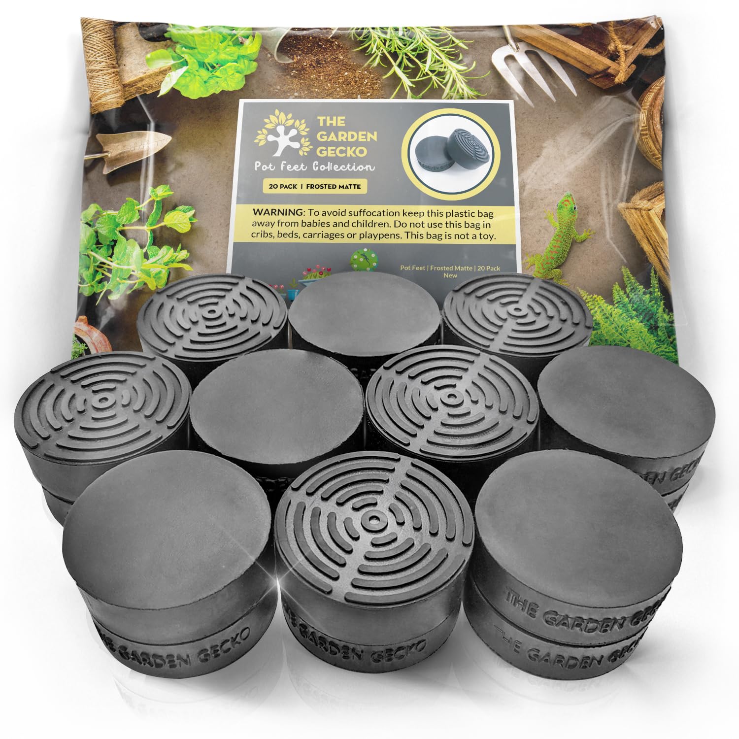 The Garden Gecko Invisible Pot feet for outdoor plant pots and flowers solid rubber pot risers with enhanced non-slip surface grip | 20 PACK | FROSTED MATTE