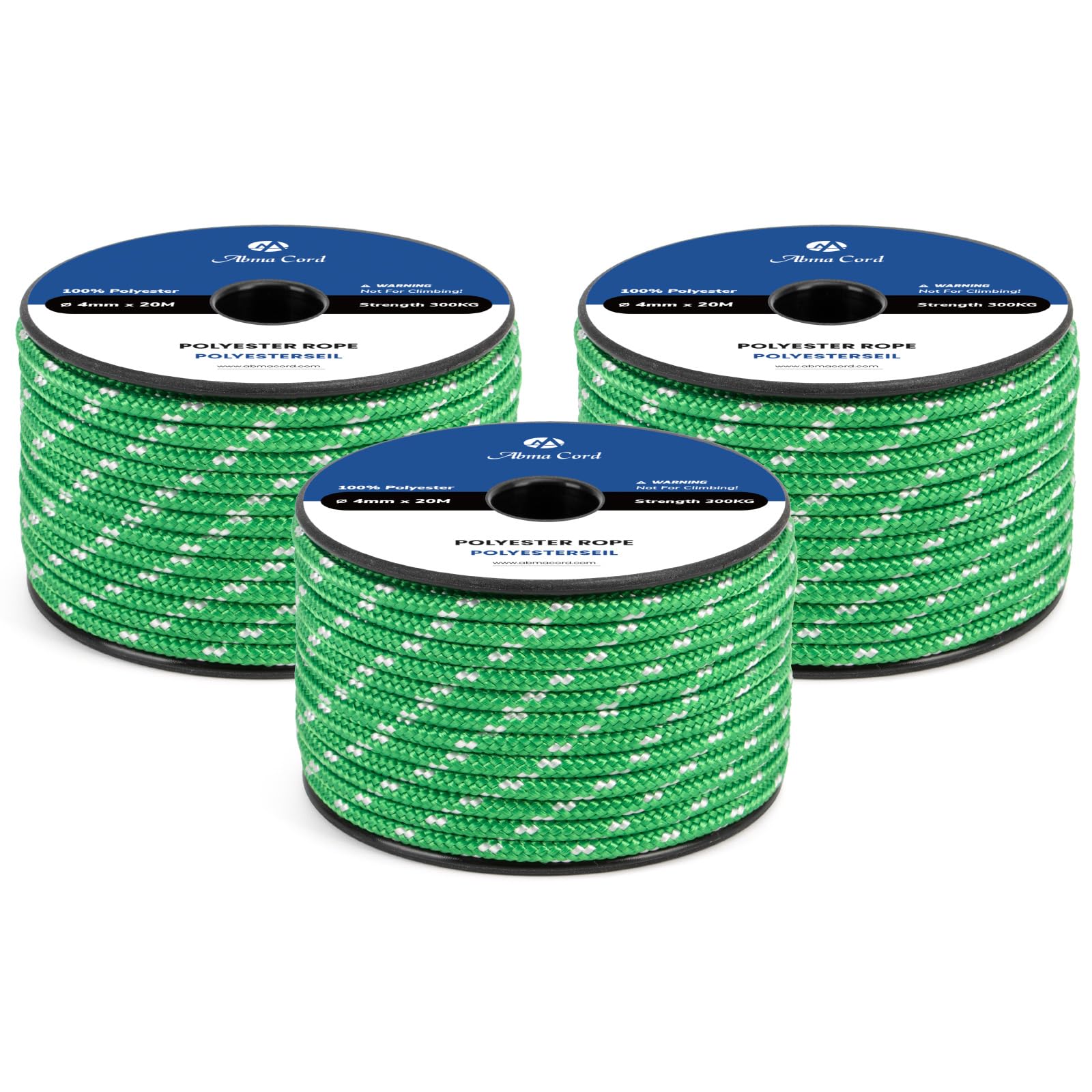 Abma Cord Polyester Cord 4mm x 20m Braid Polyester Rope, Green/White - Heavy Duty & Low Stretch - High UV & Abrasion Resistance