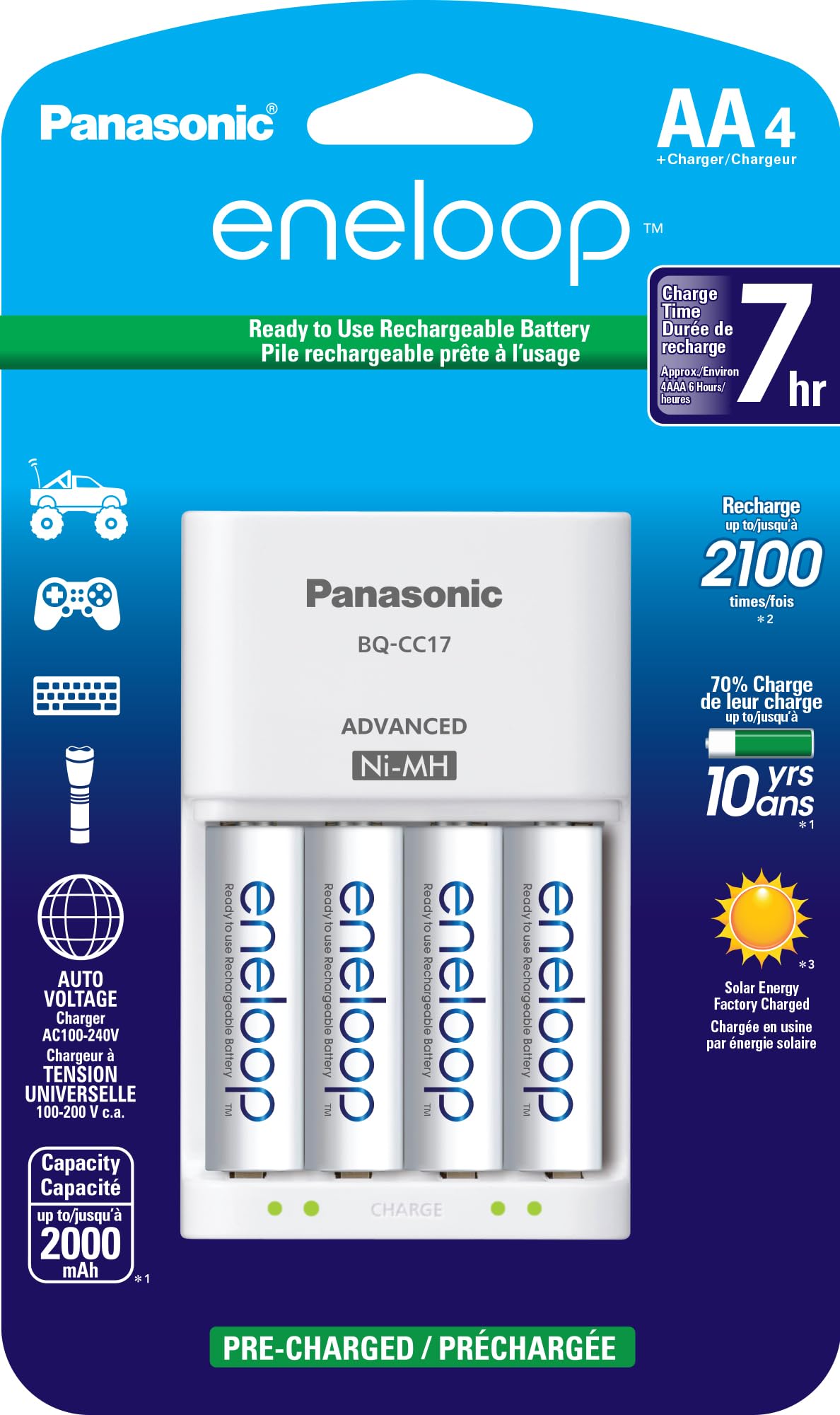 Panasonic K-KJ17MCA4BA Advanced Individual Cell Battery Charger Pack with 4 AA eneloop 2100 Cycle Rechargeable Batteries