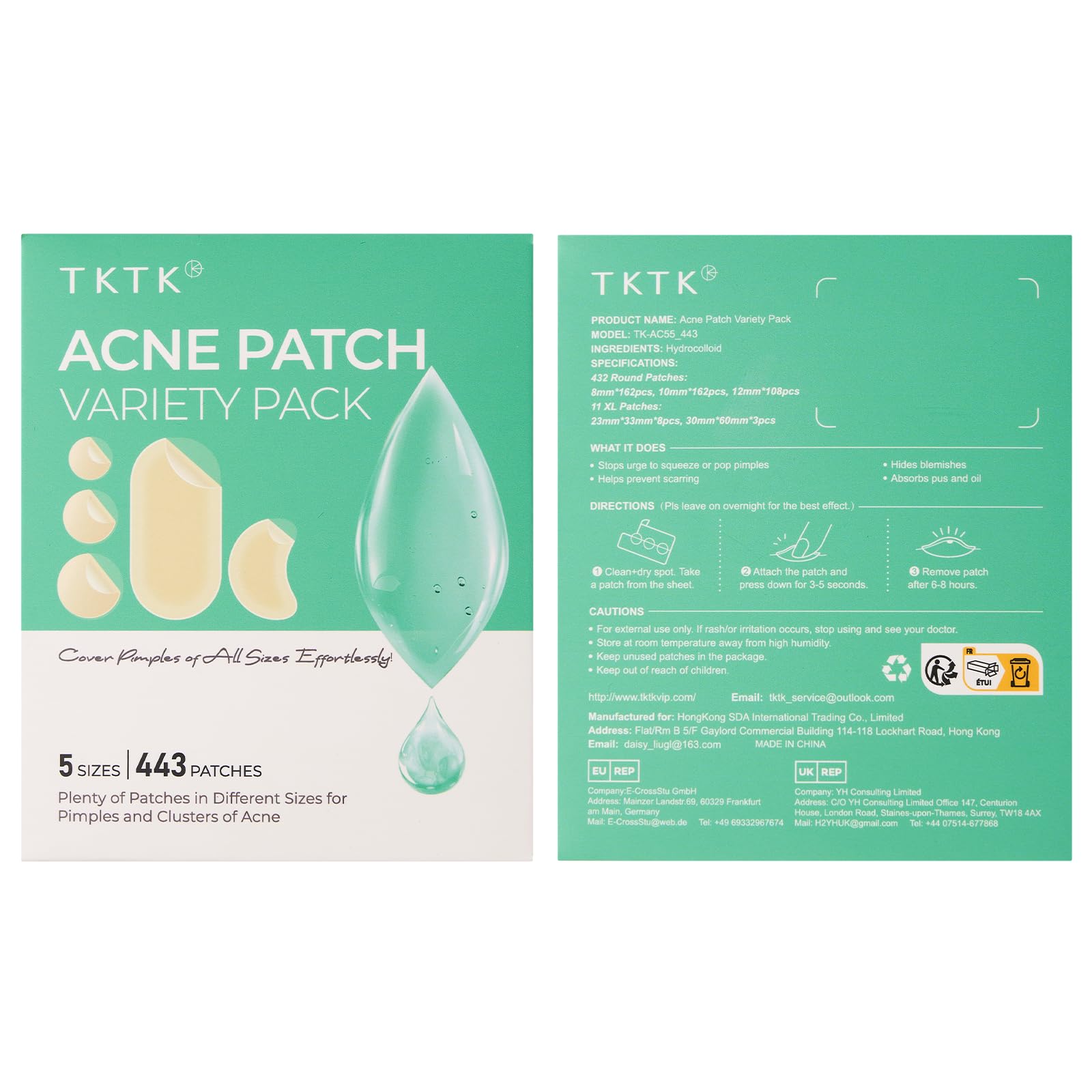 TKTK 443 Count Pimple Patches for Face, Hydrocolloid Acne Patch Bulk, Acne Stickers for Covering Cheeks, Forehead, Chin Blemishes Zit Breakouts for All Skin Types (Dots, Strip, Contoured 5 Sizes)