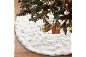 LOMOHOO Christmas Tree Skirt,Large White&Gold Luxury Faux Fur with Snowflakes Tree Skirt Christmas Decorations Plush Tree Ski
