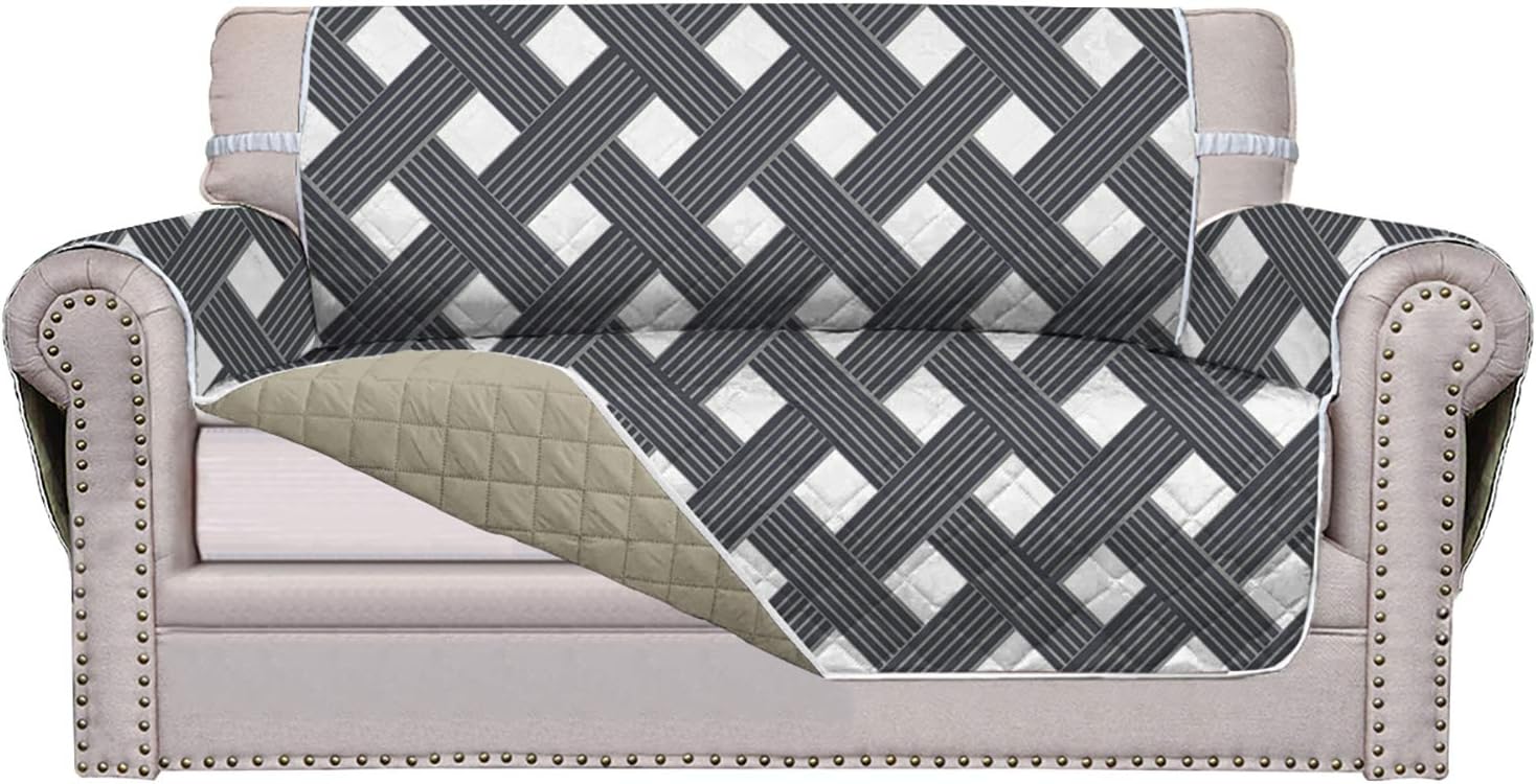 Sofa Covers,Slipcovers,Reversible Quilted Furniture Protector,Water Resistant,Improved Couch Shield with Elastic Straps,Anti-Slip Foams,Micro Fabric Pet Kids,Children,Dogs(Loveseat,Gray Diamond/Beige)