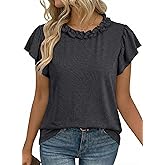 BLENCOT Womens Summer Tops Ruffle Short Sleeve T Shirts Casual Slim Fit Cute Solid Color T Shirts