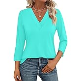 TICTICMISS Women's 3/4 Sleeve Shirts V Neck Summer Tops Casual Tunics Tops Basic Tees Blouse Loose Fit