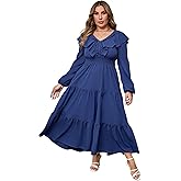 ShopWonder Plus Size Ruffle Front Fall Dress for Women V Neck Long Sleeve Flowy Dress Casual Modest Maxi Dresses
