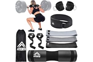 ATENTO 10Pcs Barbell Pad Set with Weight Lifting Belt for Squat, Hip Thrusts, Lunges, Leg day, Fits for Standard Olympic Bars and Smith Machine, Premium 3 levels Hip Resistance Band, 2 Gym Ankle Safety Straps, 2 Lifting Straps, Barbell Pad, Carry Bag