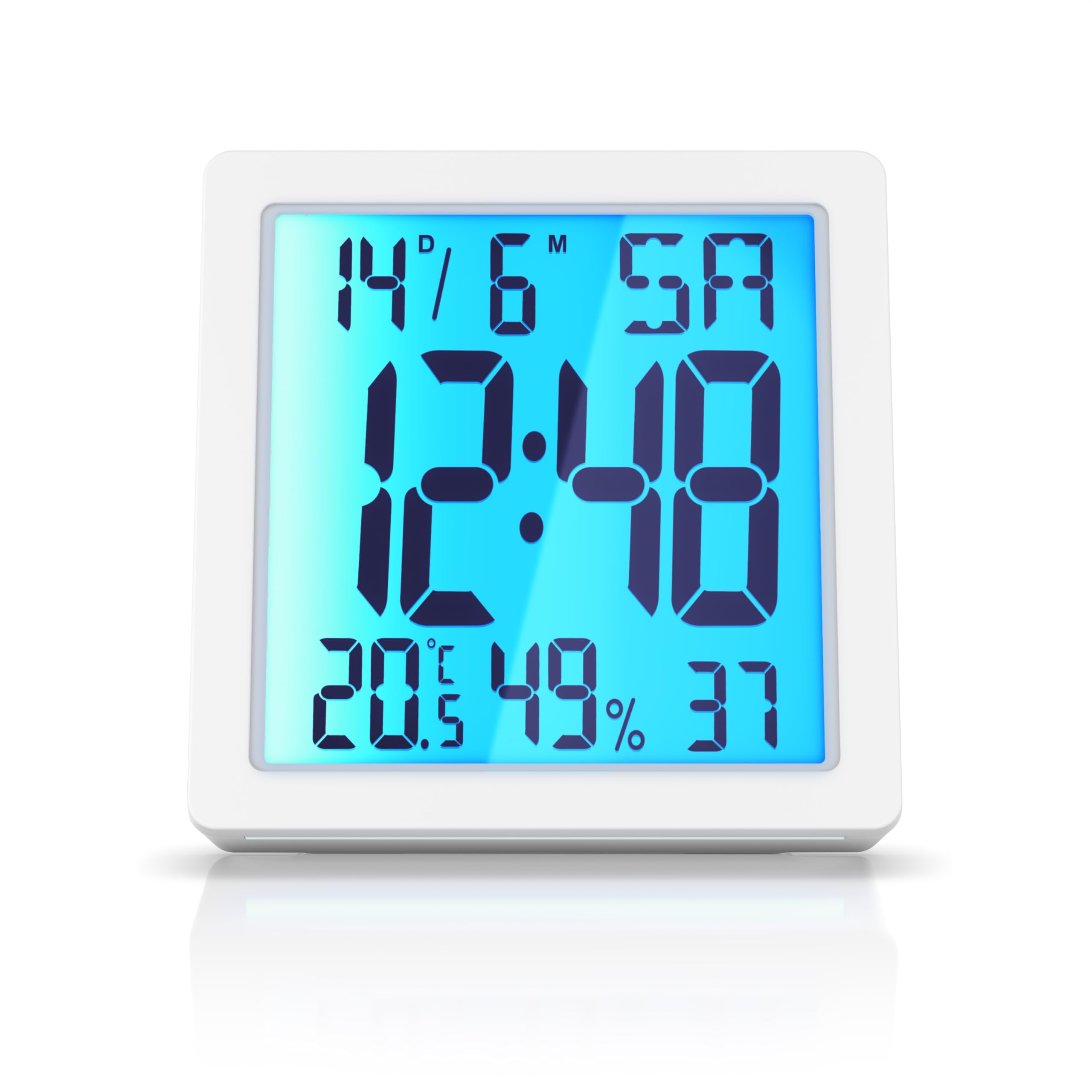 Digital Alarm Clock for Bedrooms, Bedside Clock with 4" (10,3cm) LCD Display Backlight, Thermometer Indoor Temperature Humidity , Snooze Clock, Date and Day, silent alarm clock for Office Kids Elder