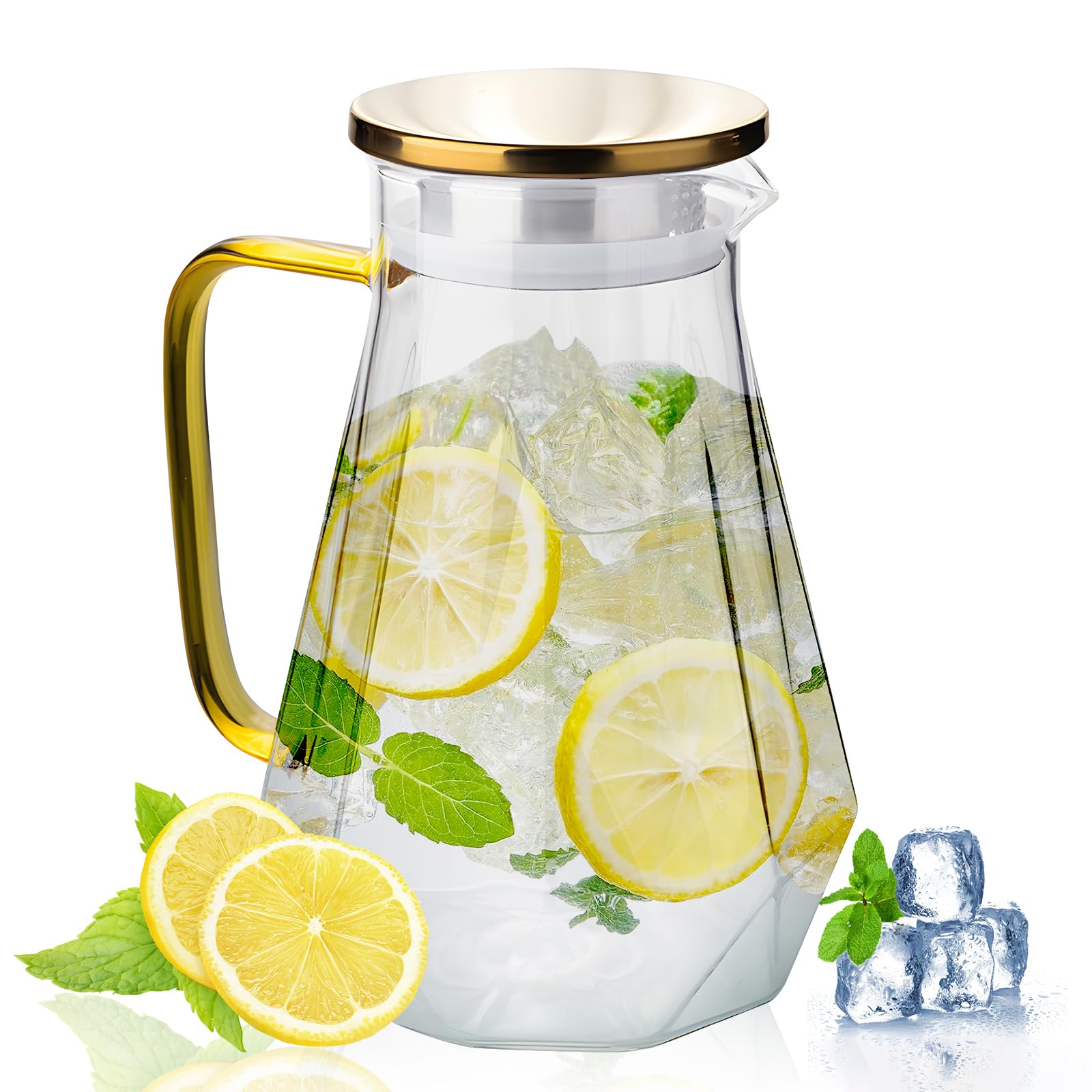 Glass Water Jug 2L, Large Borosilicate Water Pitcher with Lid, Heat Resistant & Fridge Safe Carafe, Non-Drip Spout for Juice, Tea, Milk, Diamond-Textured with Gold Stainless Steel Lid