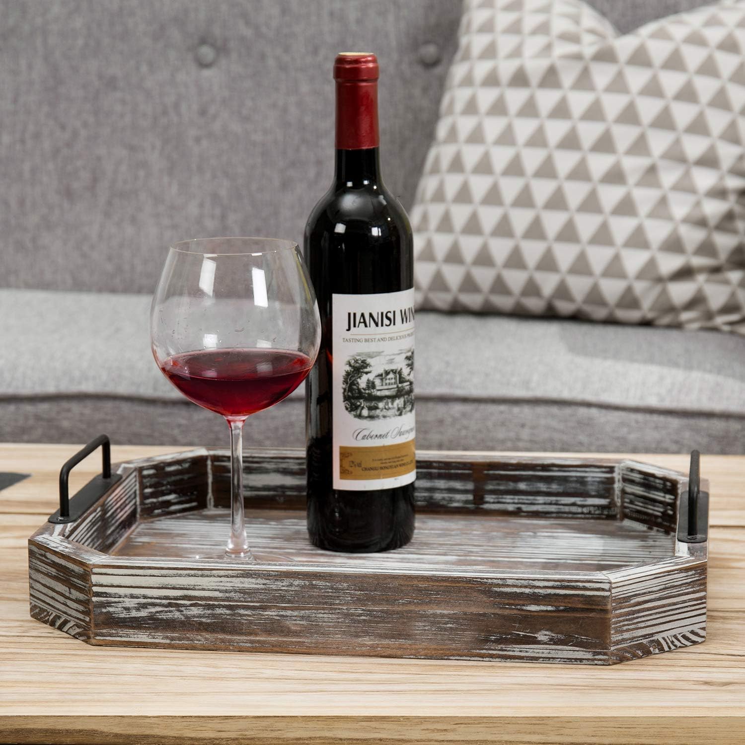 MyGift 16 Inch Rustic Torched Wood Serving Tray with Decorative Matte Black Metal Handles: Home & Kitchen