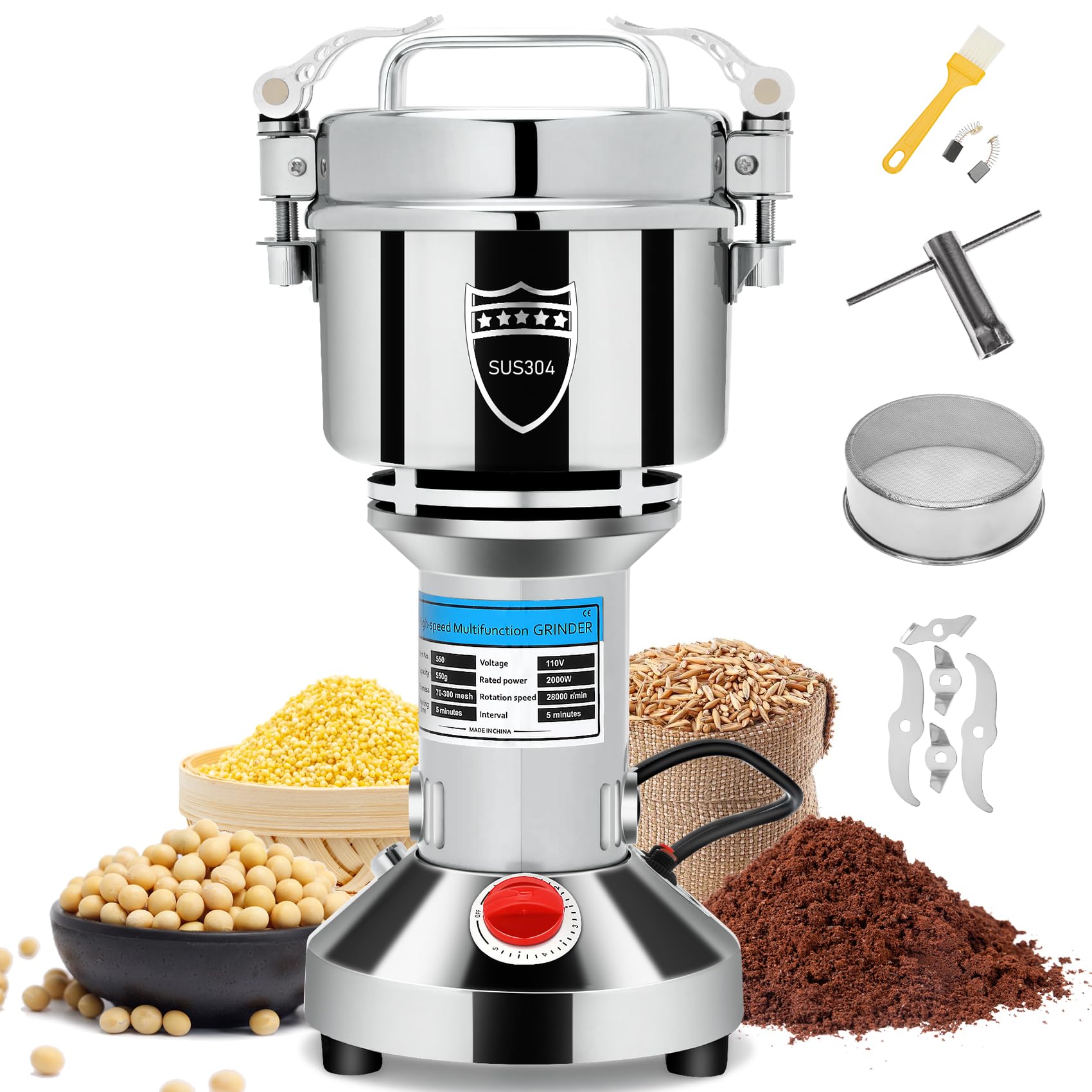 Photo 1 of 2000W Electric herb Grinder, 550g Stainless Steel Mill Grinder, Stainless Steel Pulverizer Dry Grinding Machine for Wheat, Corn, Coffee, Pepper, Spices, Powerful Powder Machine with Safety Protection