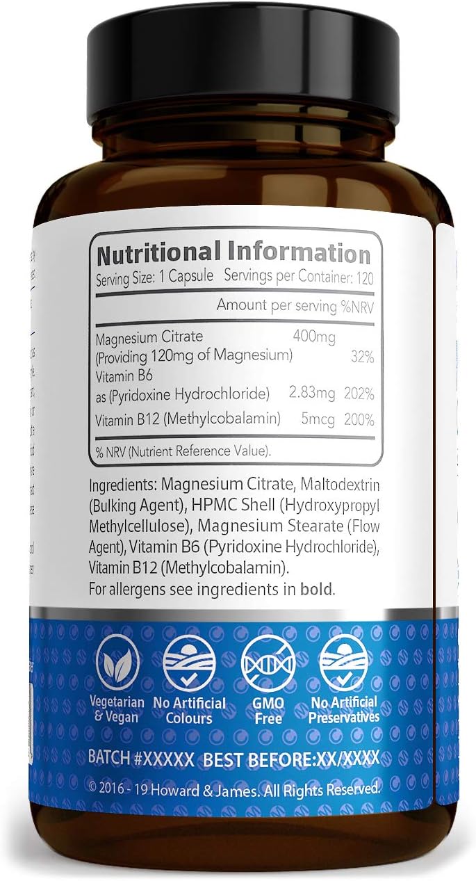 Magnesium Citrate 400mg Plus Vitamin B6 & B12 x120 Capsules by Howard & James, 120 count (Pack of 1) - Image 5