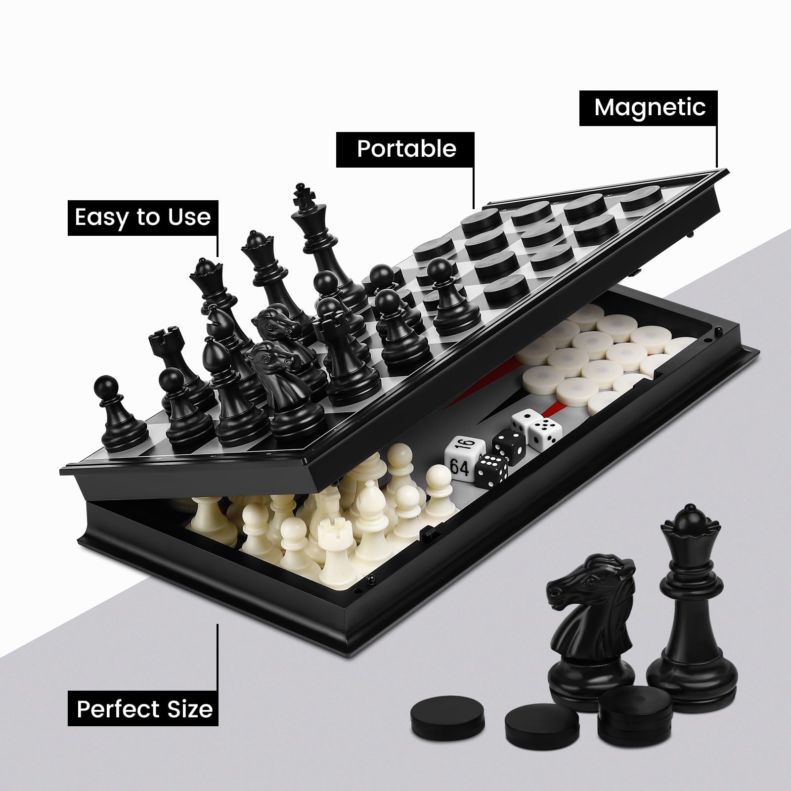 Magnetic Chess Set for Kids and Adults, 13 inch 3 in 1 Chess Checkers Backgammon Travel Portable Folding Sets, Gift Children Chess Board Game with Extra Queen