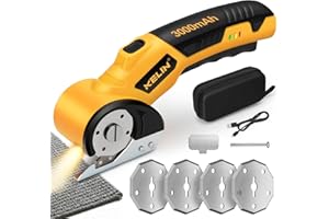 KELIN Cordless Electric Scissors, 3000mAh Rechargeable Rotary Cardboard Cutter with 4 Blades, Safety Lock & LED Light, Storage Box, 300RPM, Electric Box Cutter for Fabric Carpet Carton Plastic Leather Cloth