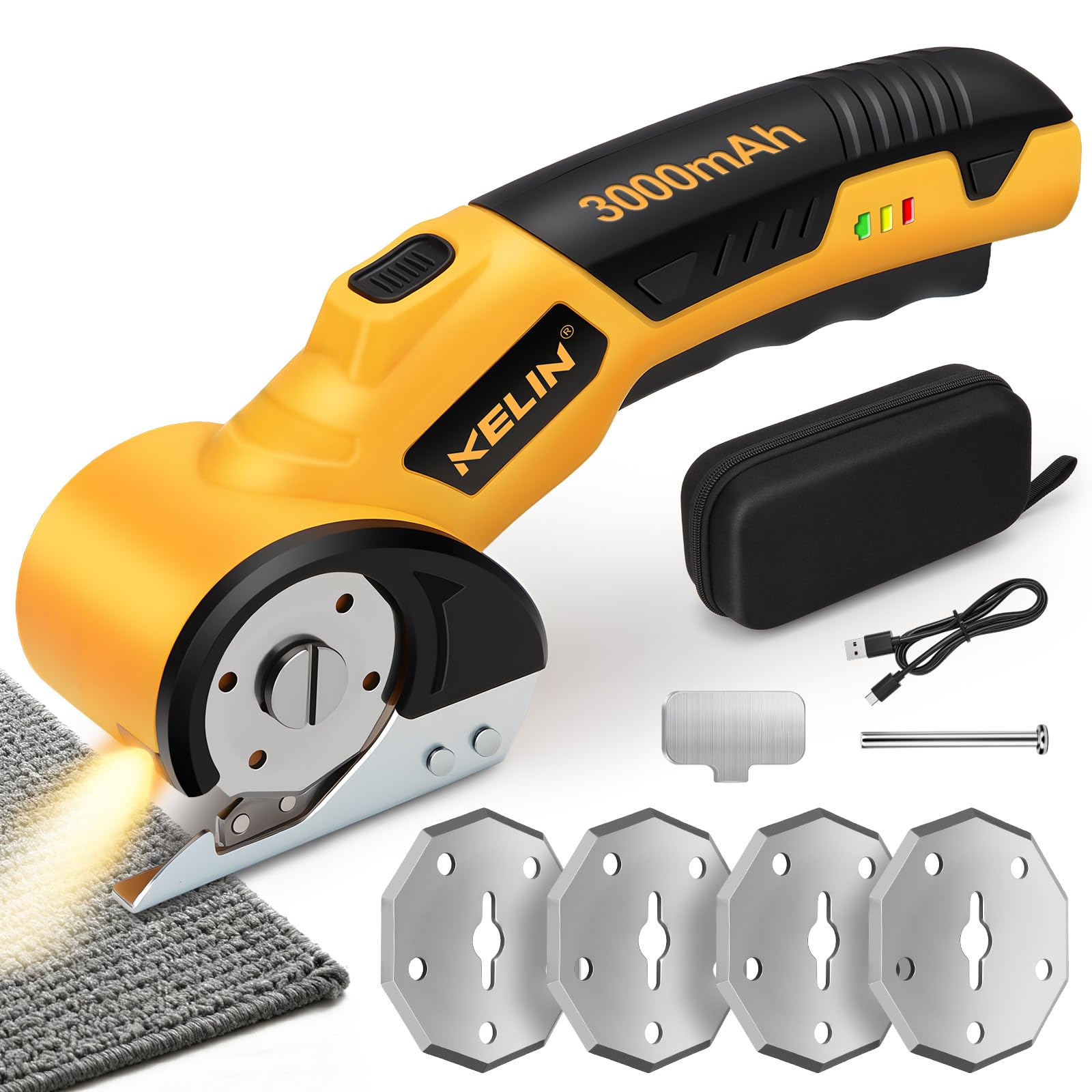 Photo 1 of 2026 New 3000mAh Cordless Electric Scissors, Cardboard Box Cutter with 4 Blades, Safety Lock & LED Light, Storage Box, 300RPM, 4.2V Electric Cutter for Fabric Carpet Carton Plastic Leather Cloth