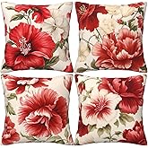HOSTECCO Red Floral Throw Pillow Covers 18x18 inch Set of 4 Hibiscus Flowers Chinoiserie Pillow Cases Spring Decorative Cushion Covers for Sofa Couch Bed