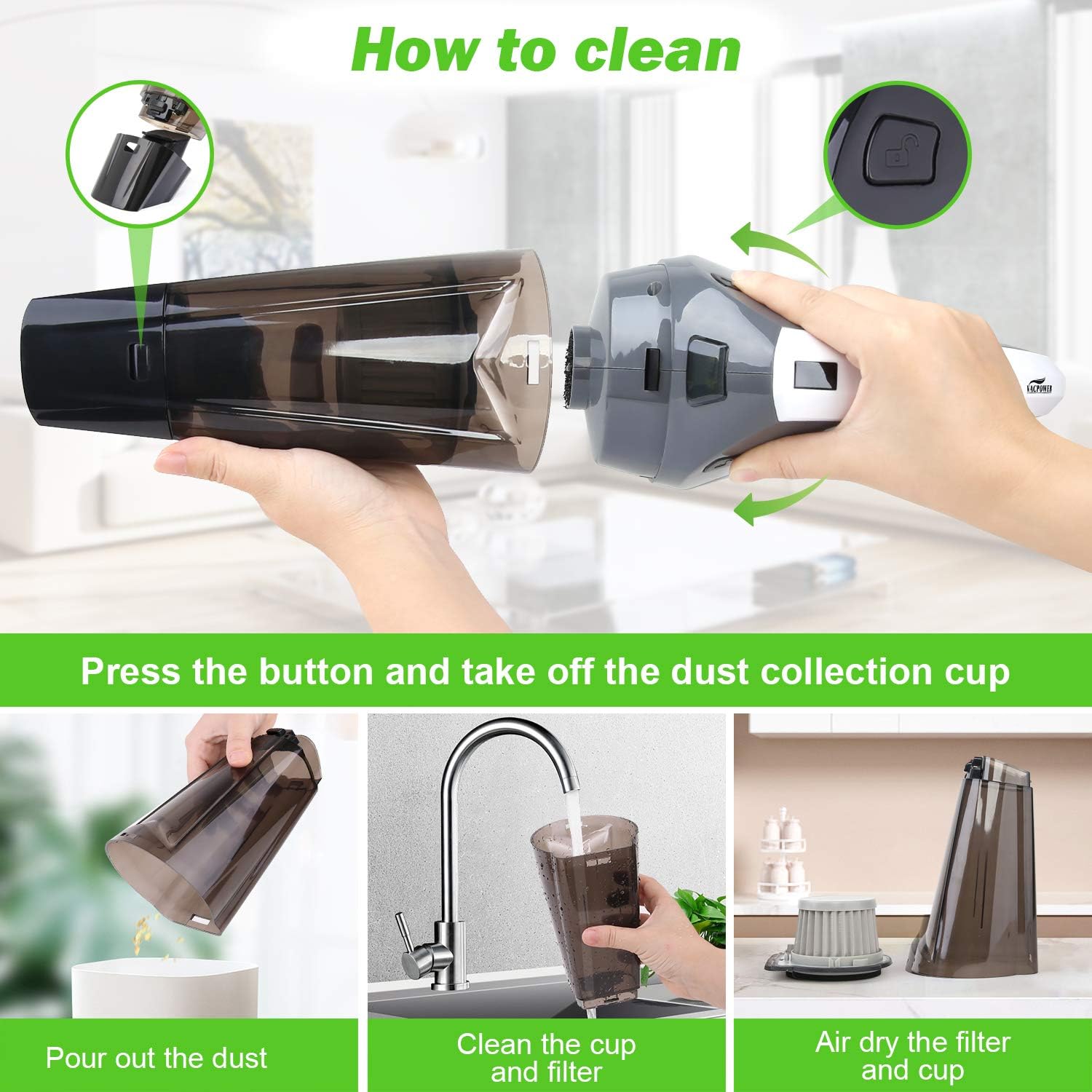 VACPOWER Handheld Vacuum, Cordless Handheld Vacuum, 6500PA Portable Hand Vacuum Cleaner with Rechargeable 2500mAh for Pet Hair, Home, and Car Cleaning: Home & Kitchen