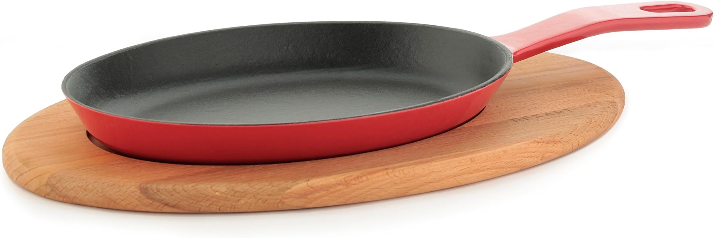 Dexart Enameled Cast Iron Fajita Pan, Fajita Skillet Set with Wooden Tray