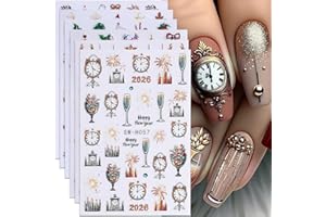 POWPOP Christmas Nail Art Stickers Clock Champagne Xmas Nail Decals 6PCS Gold Glitter Firework 2026 Crystal Ball Bow Star 3D Self-Adhesive Design Holiday Nail Art Supplies for New Year Manicure Decorations