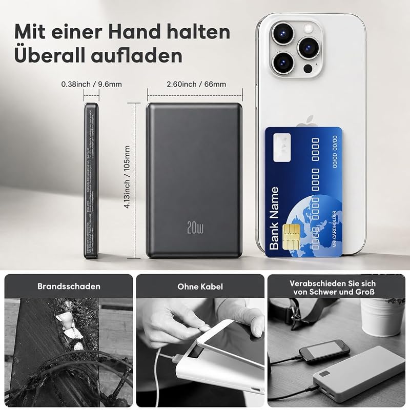 Ultra Slim iPhone Powerbank für Magsafe, Ntaanoo Magnetische Power Bank Induktives Laden 5000mAh, 20W Schnellladung Wireless Externe Handyakkus Kabelloses Akkupack für iPhone 17/16/15/14/13/12 Schwarz