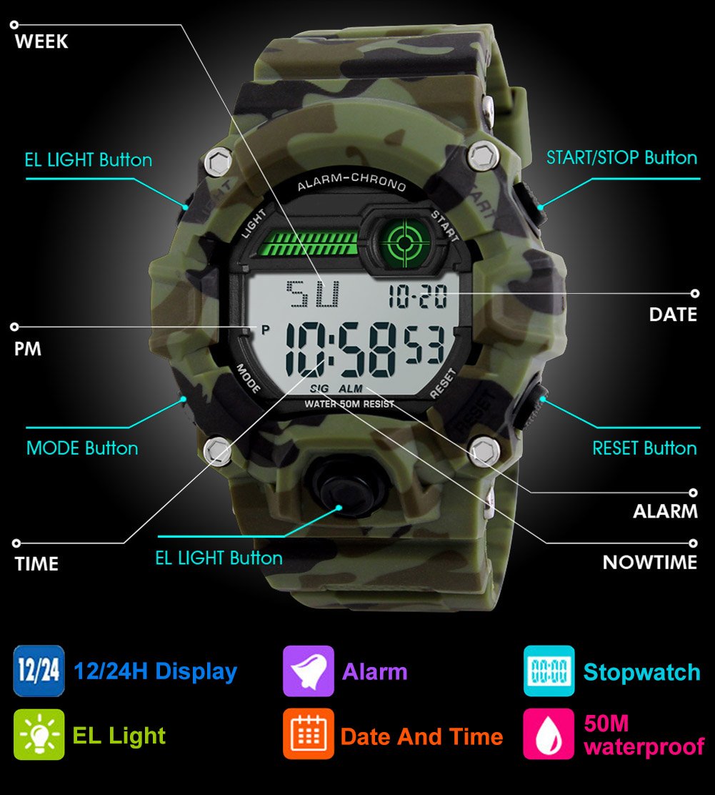 Kids Digital Watches, Boys Sports Military Watch with Alarm/Timer/Shock Resistant, Teenagers Childrens 5 Bars Waterproof Big Face Camouflage Electronic Wrist Watch for Boys by BHGWR