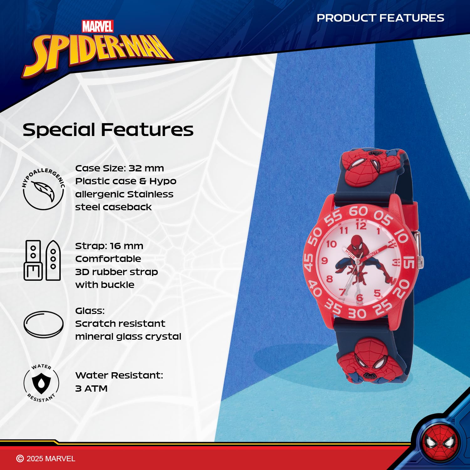 Marvel Spiderman Watch for Kids - Spiderman Watch Boys - Spider-Man Watches for Boys 4-6 - Toys - Kids - Marvel Toddler - Teen - Dark Blue Case - Multicolor 3D Strap