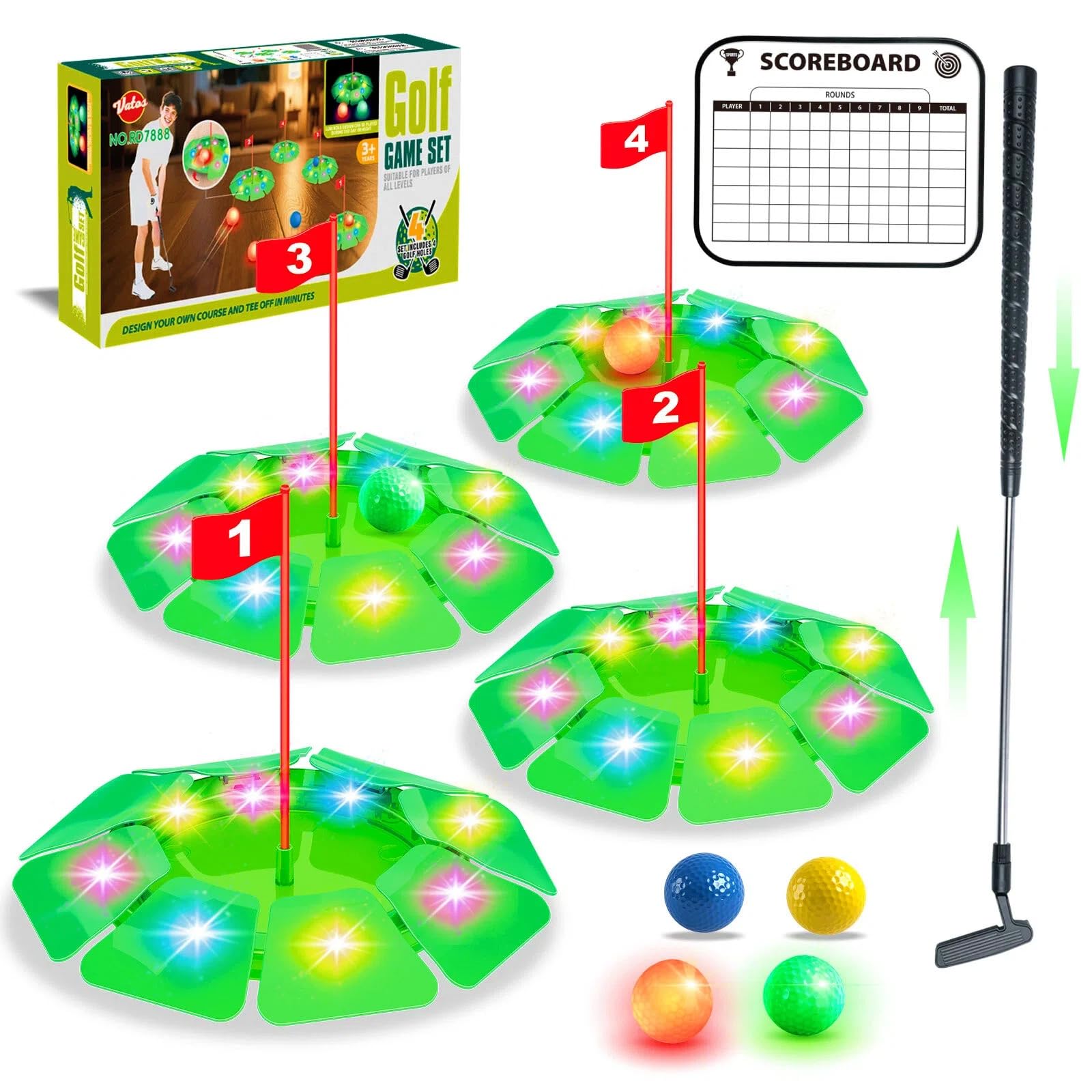 Photo 1 of Vatos  Golf Putting Game Set - Glow Mini Golf Toy with 4 LED Holes, 4 Balls(2 Glow), Extendable Putter,Build Your Own Course at Home Indoor Outdoor Family Fun Golf Gifts for Kids Adults Golfer