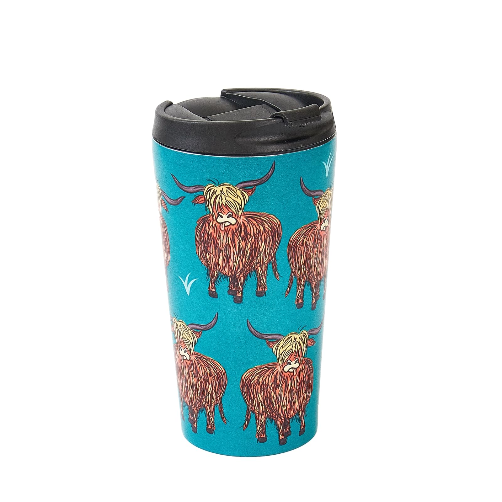 ECO CHIC Reusable Thermal Coffee Cup Stainless Steel Leakproof Insulated 330ml Travel Mug (Highland Cow Teal)