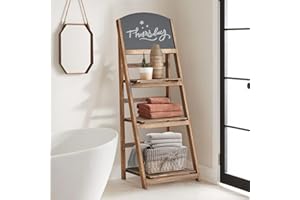 ALeesing Ladder Shelf with Blackboard, Rustic Home Office Ladder Shelves, 3 Tier Wood Ladder Bookshelf Foldable Freestanding Plant Stand Solid Wood Shelf with for Bedroom, Living Room, Brown