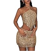 SweatyRocks Women's Sparkly 2 Piece Outfit Sequin Tie Backless Crop Halter Top and Mini Skirts Set