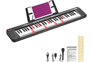 RIVVTA 61 Key Electric Keyboard Piano with 200 Tone 200 Rhythm and 60 Demo Light-Up Keyboard for Beginners - Includes Music Rest Microphone Power Supply Note Stickers Black(REK-20)