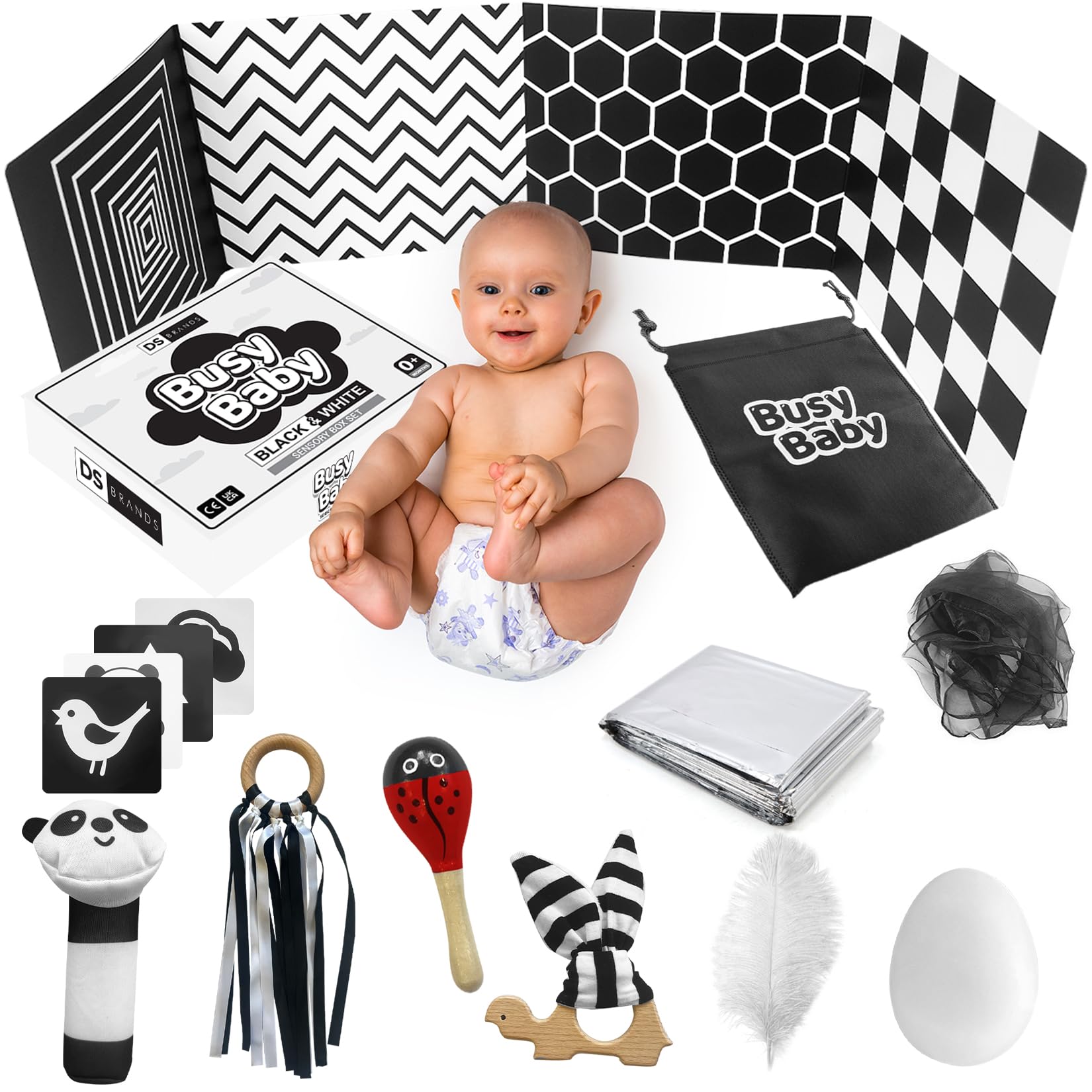 DS Brands Black and White Sensory Toys for Babies - Baby Sensory Toys 0-6 Months - Ribbon Ring, Scarf, Board, Cards, Maracas, Foil Blanket - Newborn Girl Boy Christmas Stocking Filler Gift Box