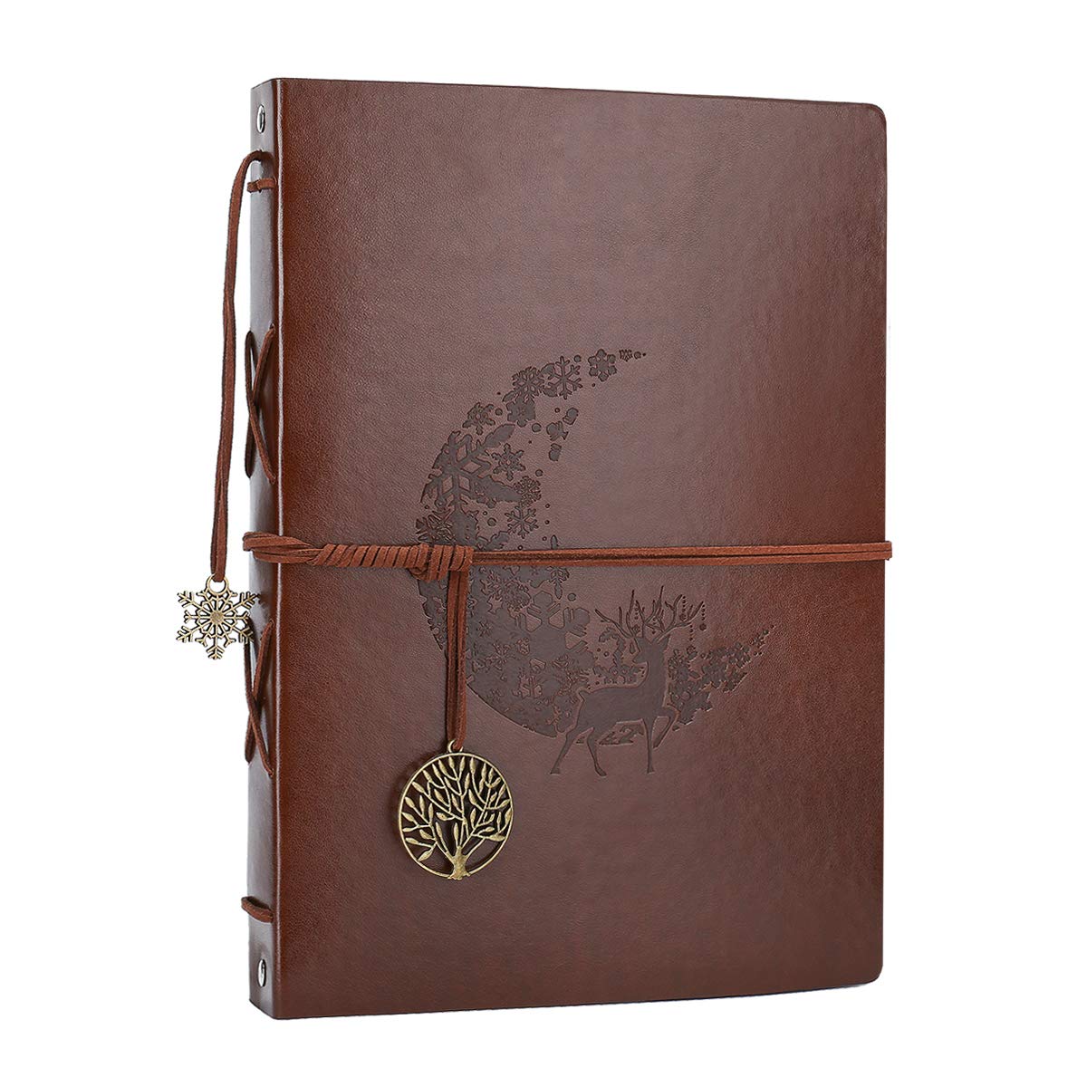 AIOR Photo Album Scrapbook, Vintage Leather Scrap Book Refillable Black Pages Memory Book,Christmas Thanksgiving Birthday Gift for Mum Him Her, Wedding Anniversary Present for Men Women (Moon Deer)