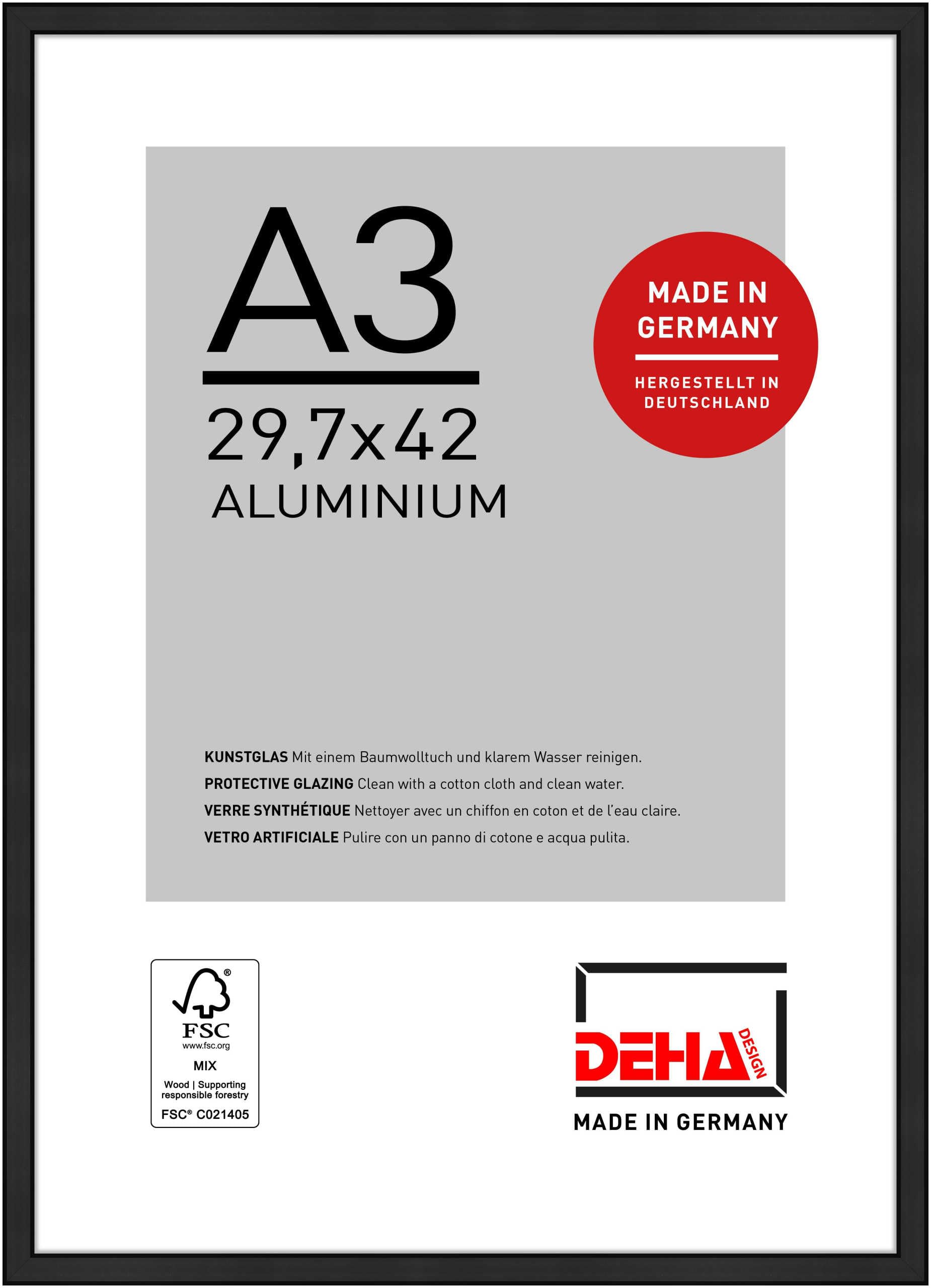 DEHA Design Boston Aluminium Picture Frame - A3 (29.7x42 cm) – Matt Black - with Synthetic Glass and Push/Turn Clips