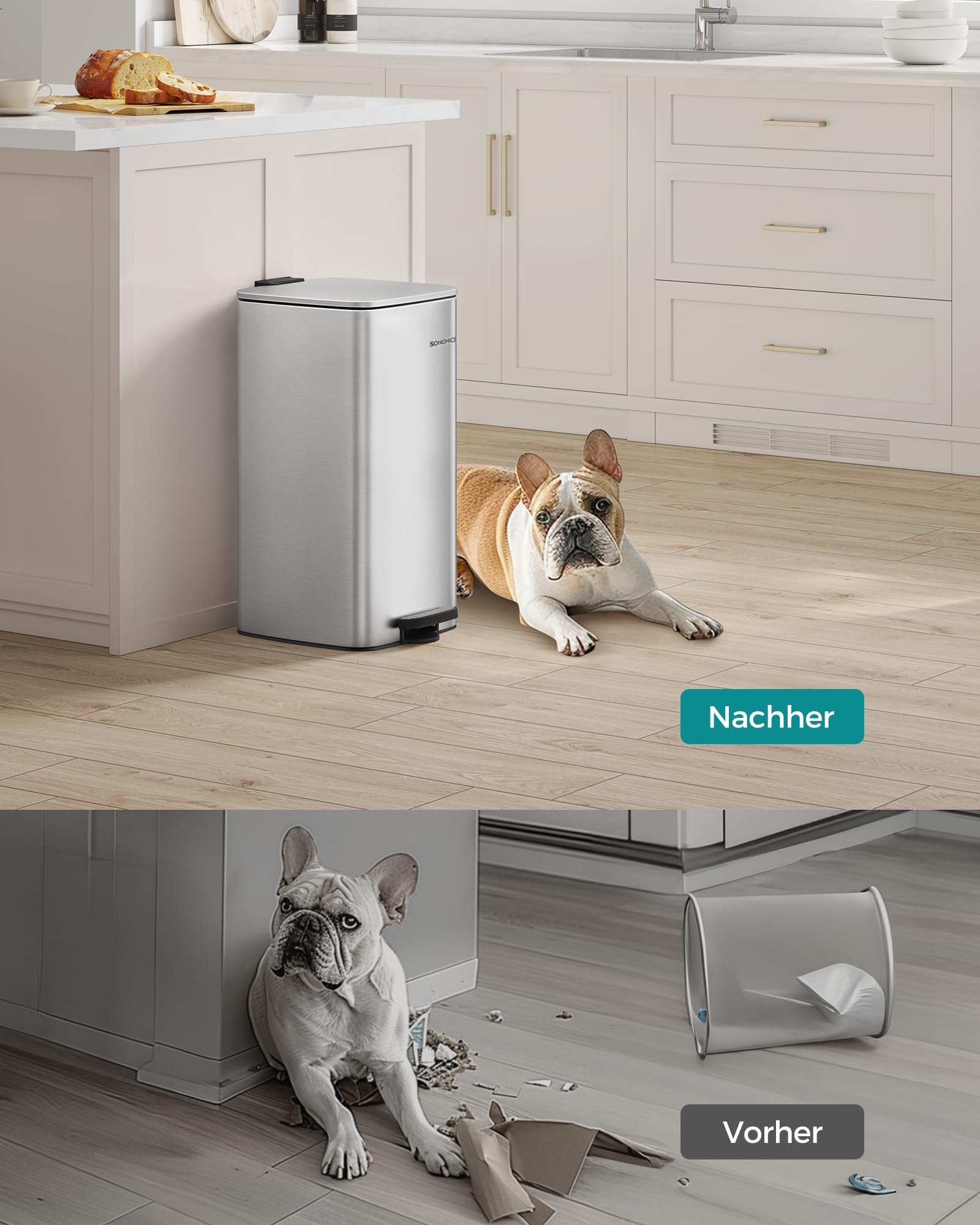 SONGMICS Mülleimer Küche, 30 Liter Abfalleimer, Tretmülleimer, Stahl, mit Inneneimer, Softclose, Offenhaltefunktion, metallicsilber LTB593E01 3