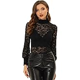 Allegra K Women's Lace Top Long Sleeve Smocked Mock Neck See Through Sheer Top Blouse