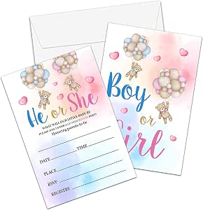 Gender Reveal Party Invitations with Envelopes - Balloon Bear Neutral ...