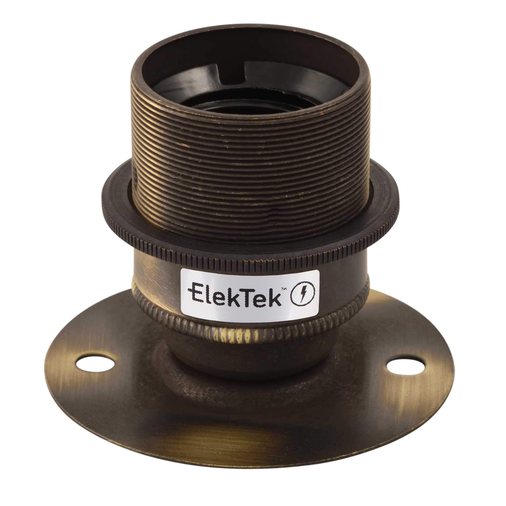 ElekTek Brushed Antique Brass E27 Batten Lamp Bulb Holder with Shade Ring ES Edison Screw - Flat Base fits BESA Conduit Box 50mm/2” Centre Fixings - Made in UK — image 1