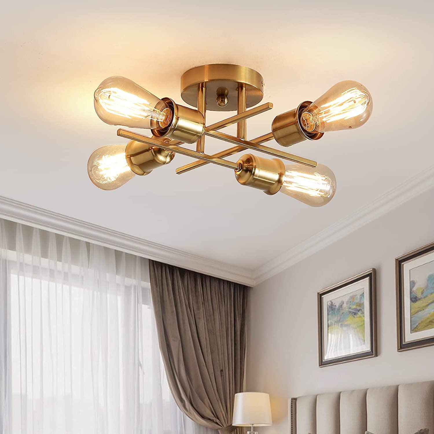 Qcyuui Gold Modern Ceiling Light Fixture Industrial 4-Light Ceiling Lamp Semi Flush Mount Chandelier Ceiling Lighting for Farmhouse Kitchen Bedroom Living Room, E27 Base(Bulb Not Included)