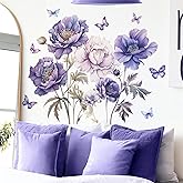 Purple Peony Flower Butterfly Large Wall Stickers, sacinora Peonies Floral Art Wall Decals Removable Vinyl Peel and Stick for Living Room Bedroom Sofa TV Background Nursery Home Decorations